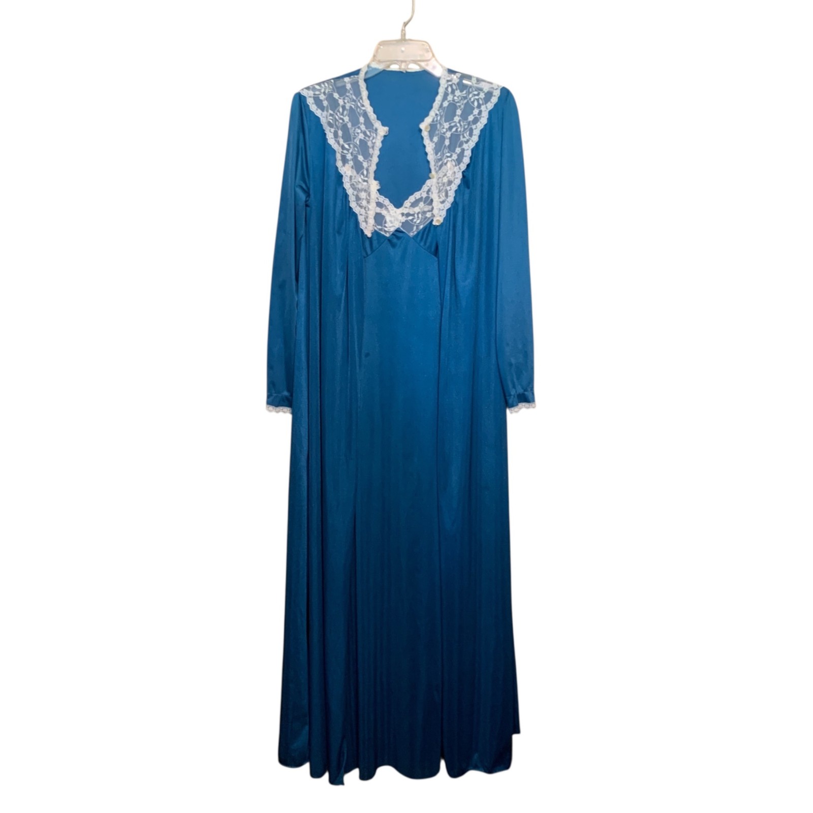 Vintage Stardust Long Teal Nightgown & Robe Set Lace Trim Modest 100% Nylon Sz M