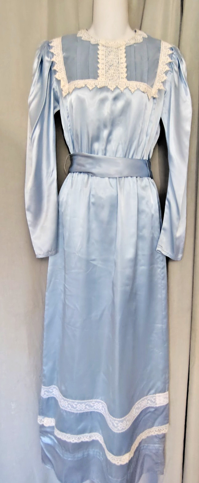 Vtg 70s Gunne Sax Jessica Victorian Prairie Dress Blue Satin Lace Sz 5 XXS