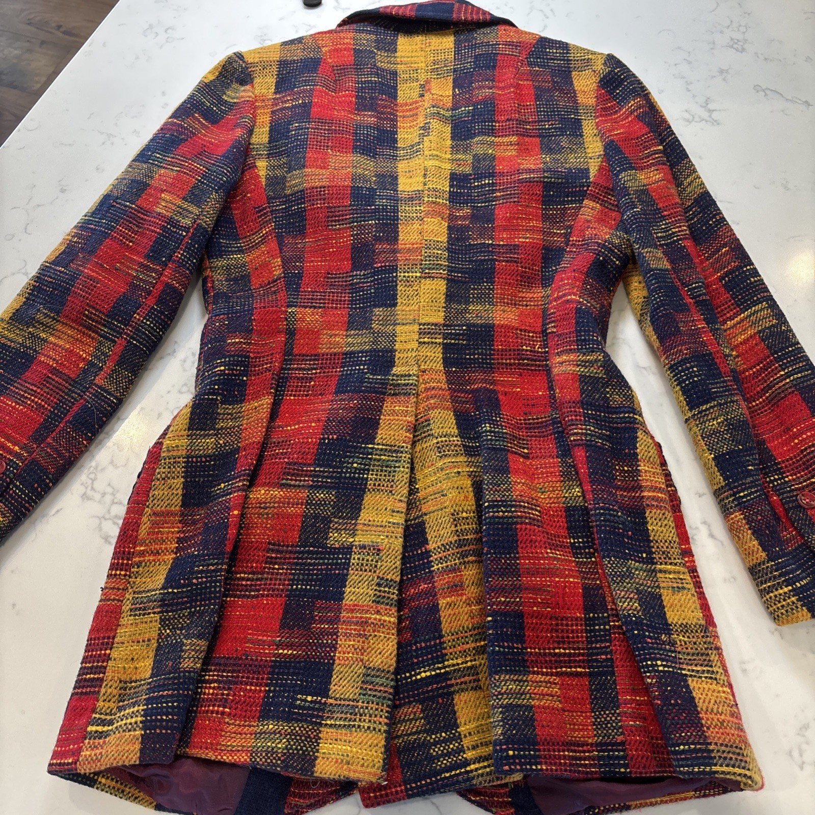 VTG 1970s Patchwork Plaid Wool Blazer Wide Lapels Retro Red Yellow Black Sz XS