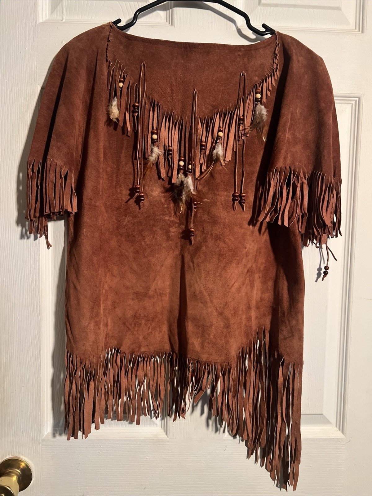 Vintage Brown Suede Native Tribal Style Fringe Tassels Beads Top Womens Small
