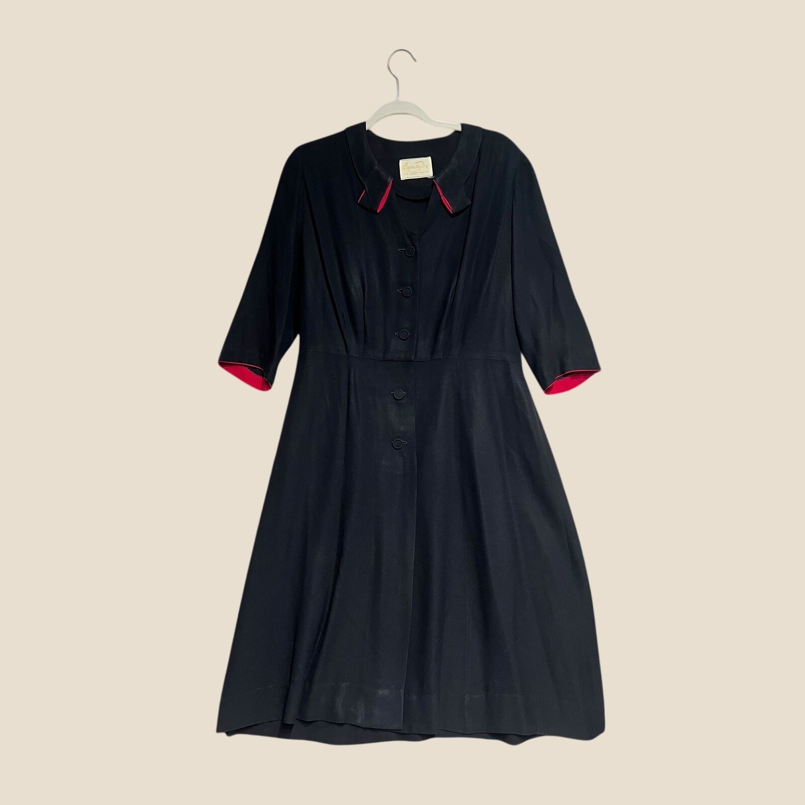 Vintage 1950s Rogers Taylor Navy Blue Fuchsia Pink Trim Fit Flare Dress Mid-Mod