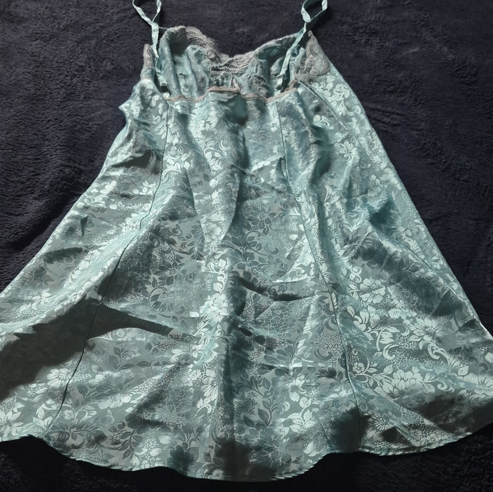 Adonna Light Blue Floral Satin Slip Lingerie Nightgown Vintage Lace Trim