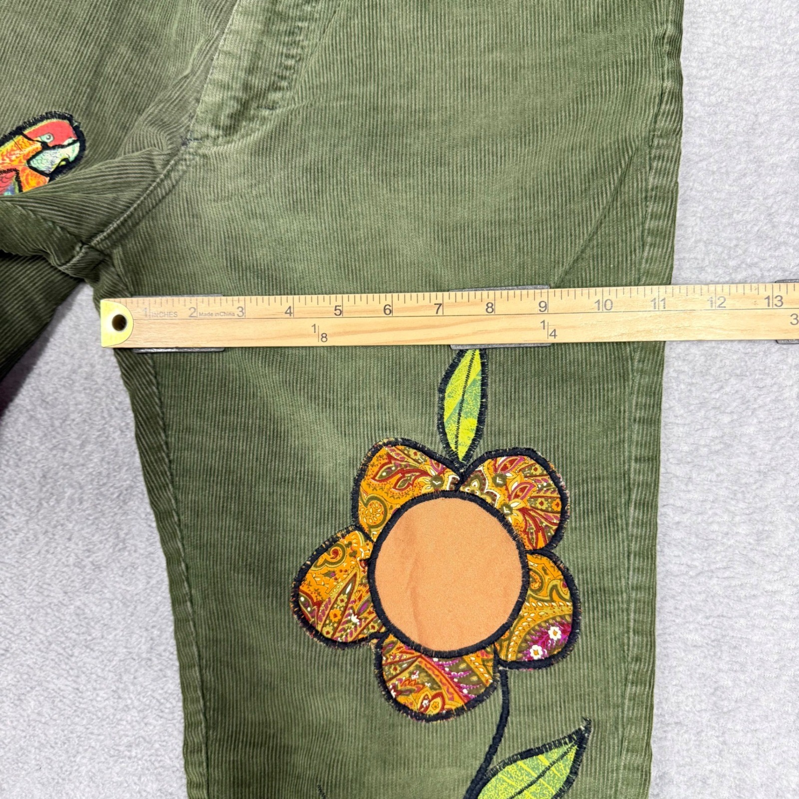 Vintage Lee Corduroy Pants 28×31 Green Boho Patchwork Floral Parrot Union Made