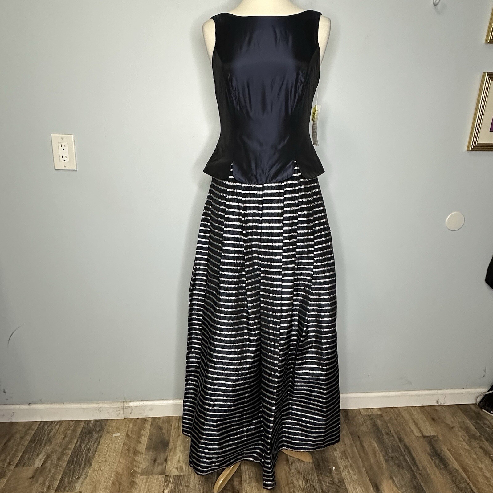 Vintage Night Way Nordstrom Catalog Navy Silver Stripe Fit & Flare Gown 6 NWT!