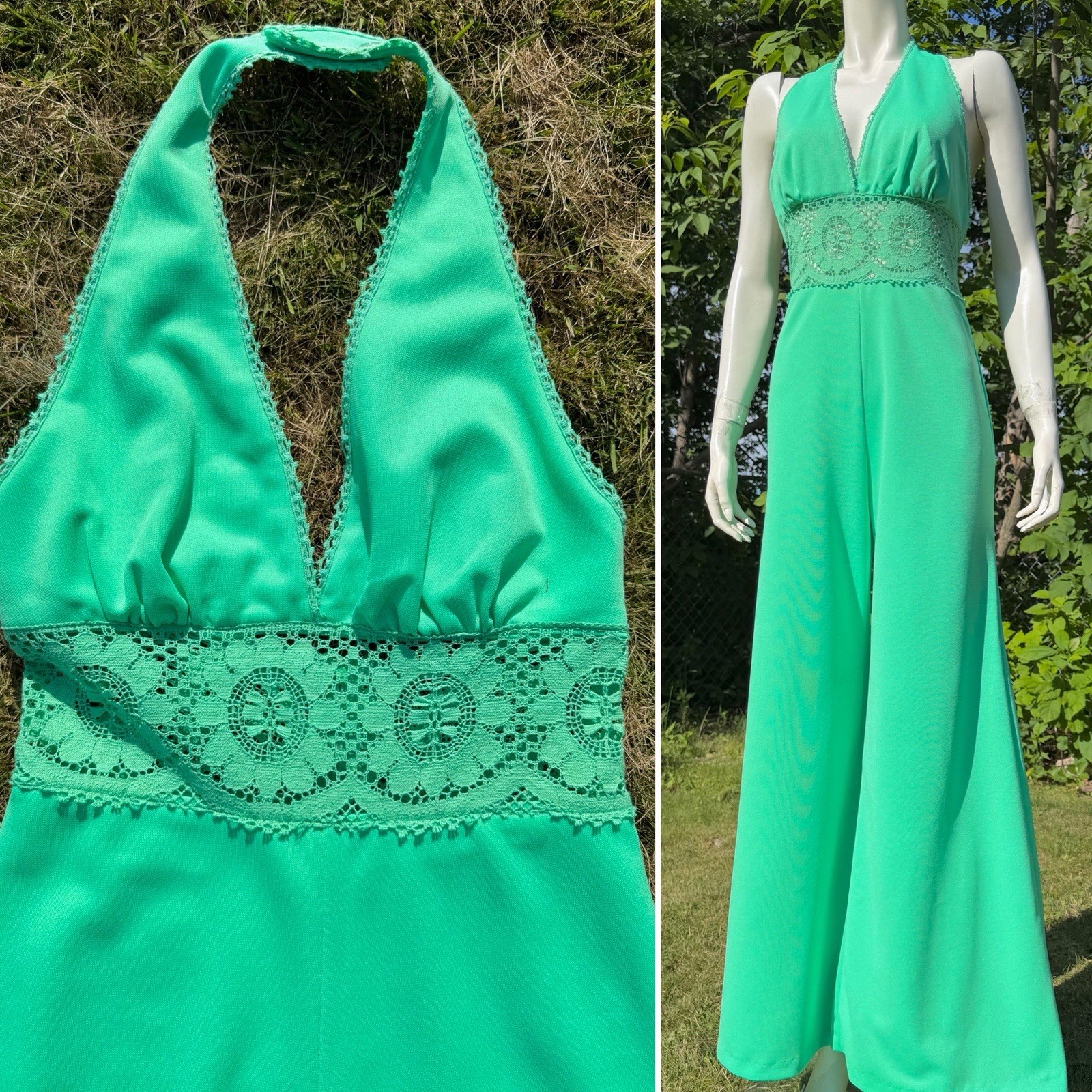 1960s 1970s BELL BOTTOM JUMPSUIT Vintage Romper MINT GREEN Crochet Lace Halter