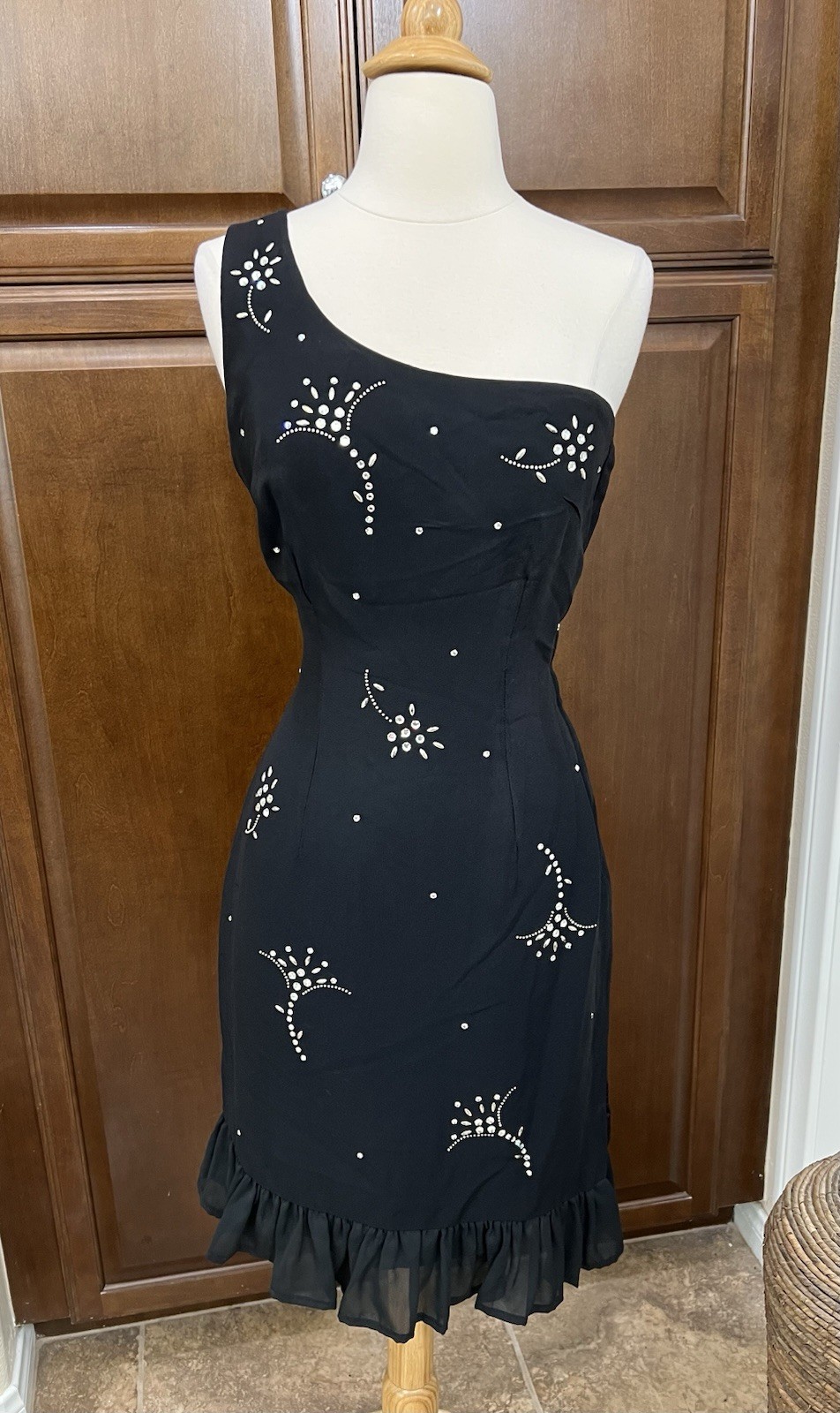 1950’s Lilli Diamond Black Cocktail Dress Rhinestones One Shoulder Ruffled Hem