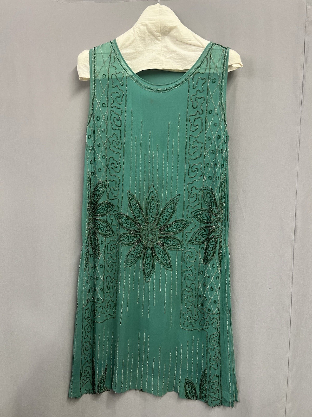 Beautiful 1920’s Green Silk Chiffon Beaded Evening Gown