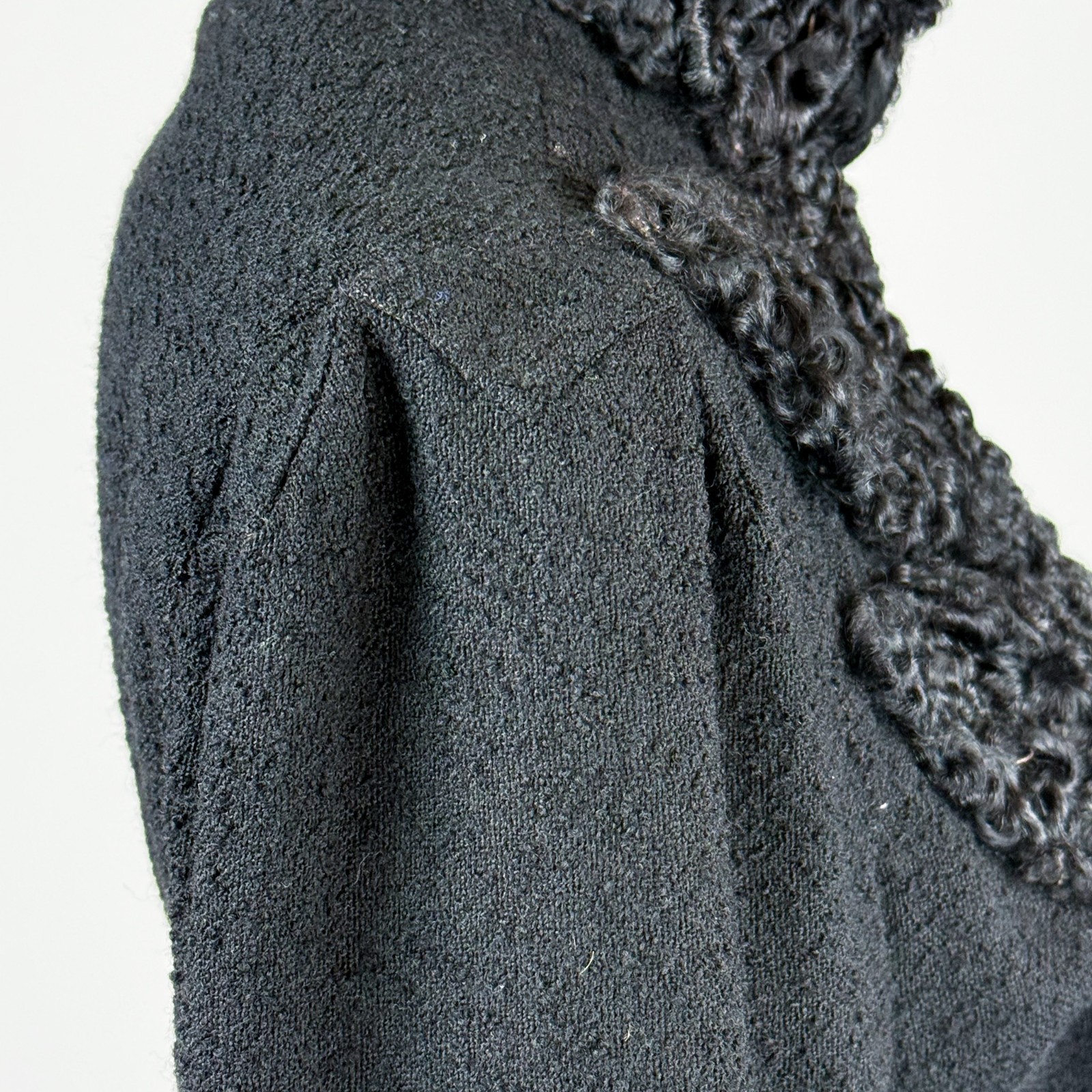 Antique Victorian Mourning Jacket Black Wool Astrakhan Fur High Collar Gothic XS