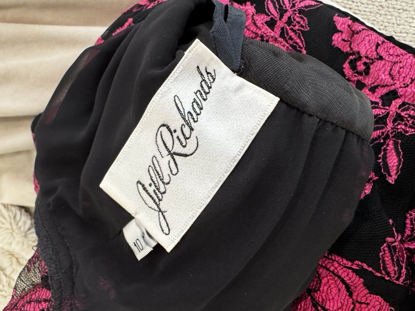VTG Jill Richards French Lace Gown Dress Pink Midi Black 80s Ruched Size 6 8