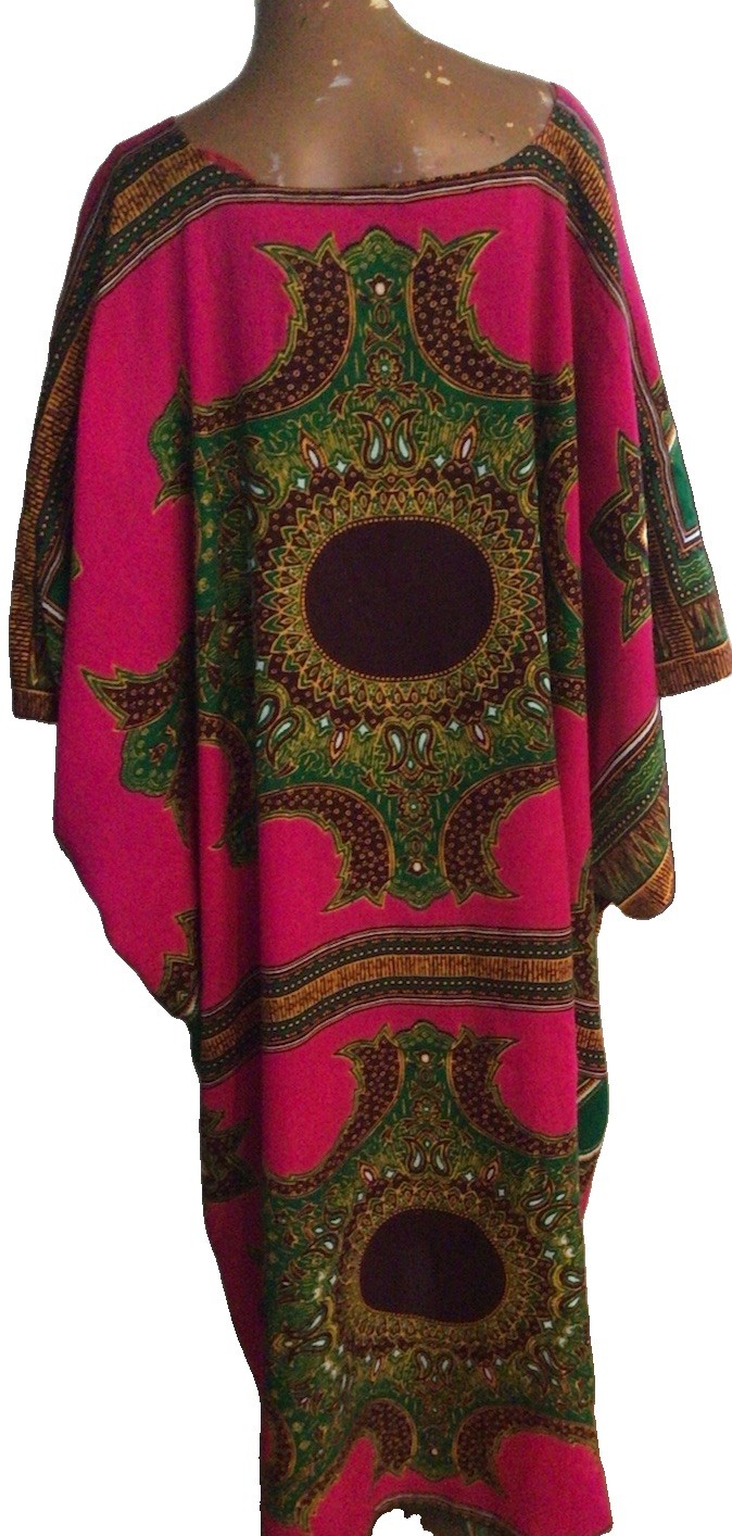 Vintage 60s 70s Caftan Dashiki Pink Colorful Psychedelic Hippie Mod Lounge Dress