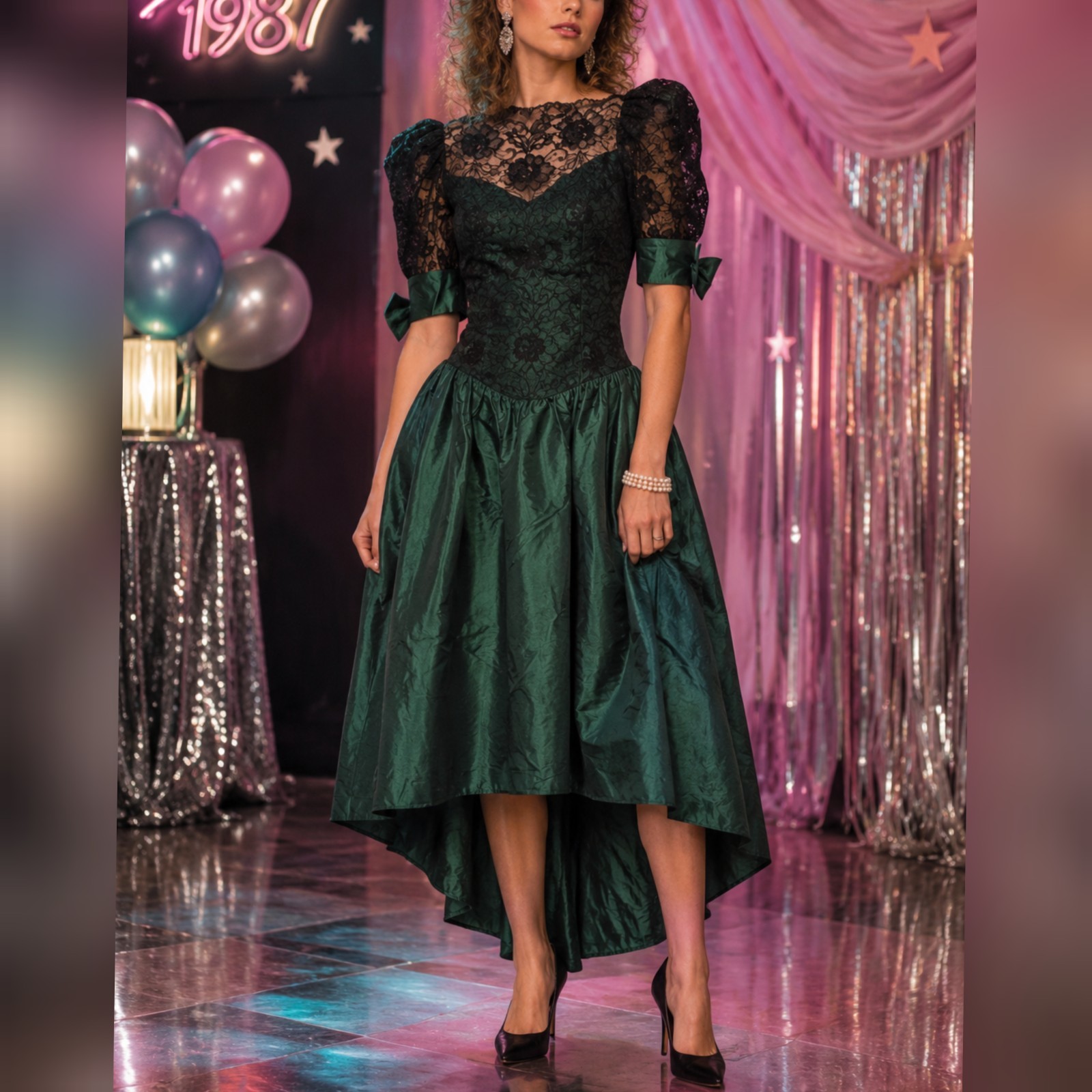 Dance Allure Vintage 80s Green Taffeta Bridesmaid Party Prom Dress sz 11/12