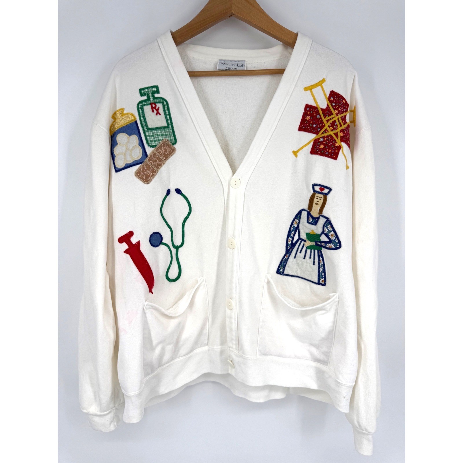 Vintage 90s Sweater Loft Women XL* Fleece Cardigan School Nurse Novelty Retro