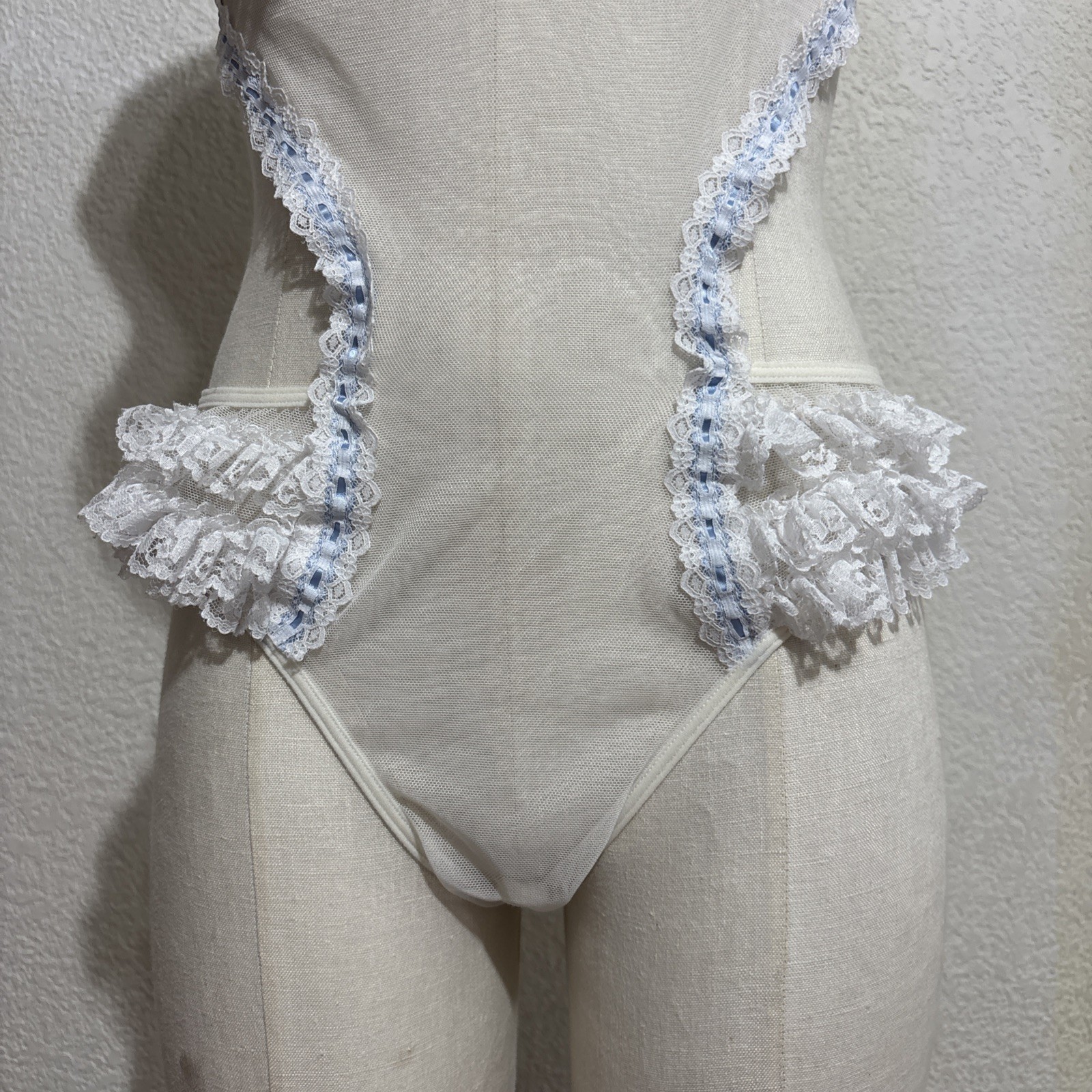 Vintage Fredericks Of Hollywood style lace teddy bodysuit with ruffles #80921