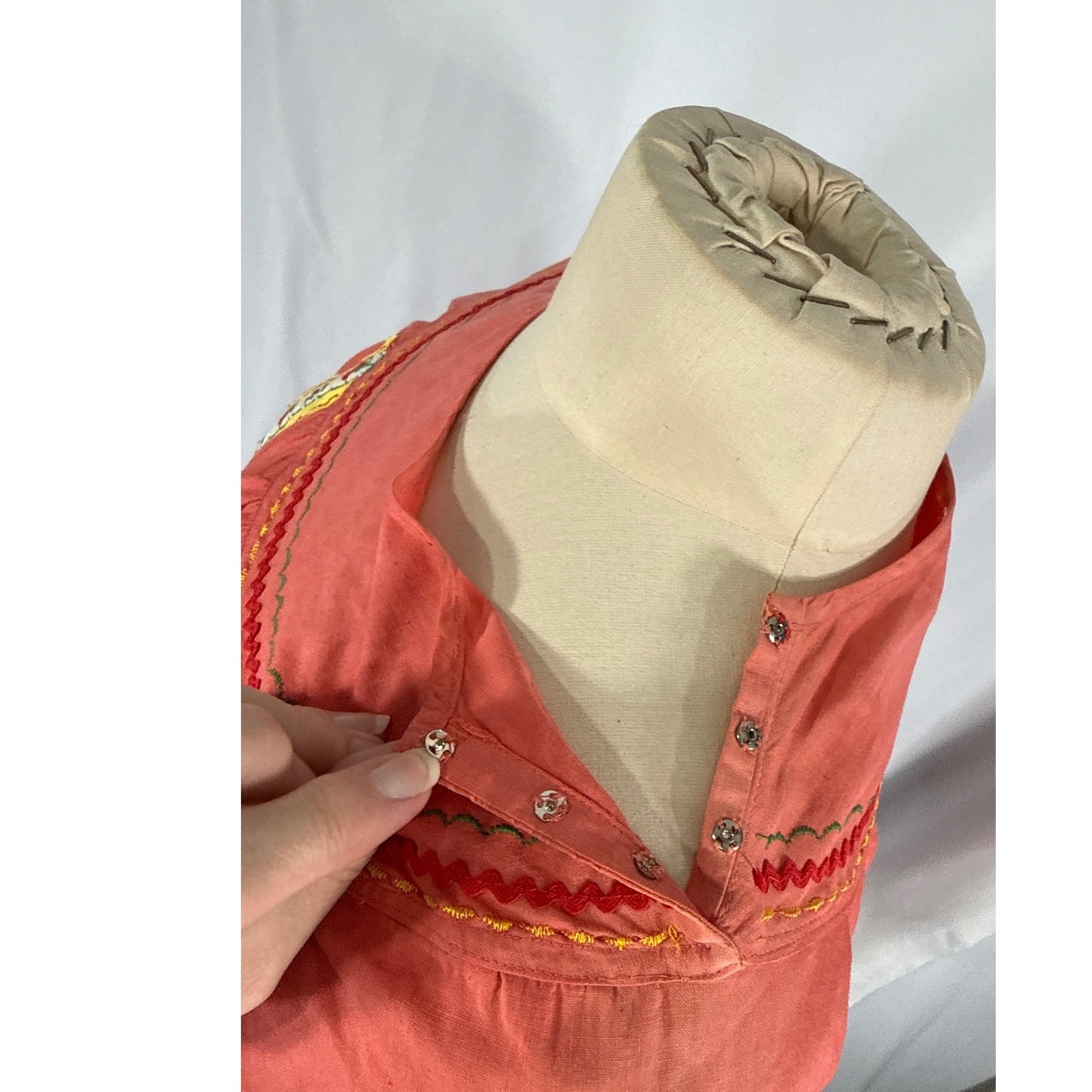 Vintage 70s Handmade Coral Peasant Blouse Strawberry Ribbon Trim Rickrack Boho