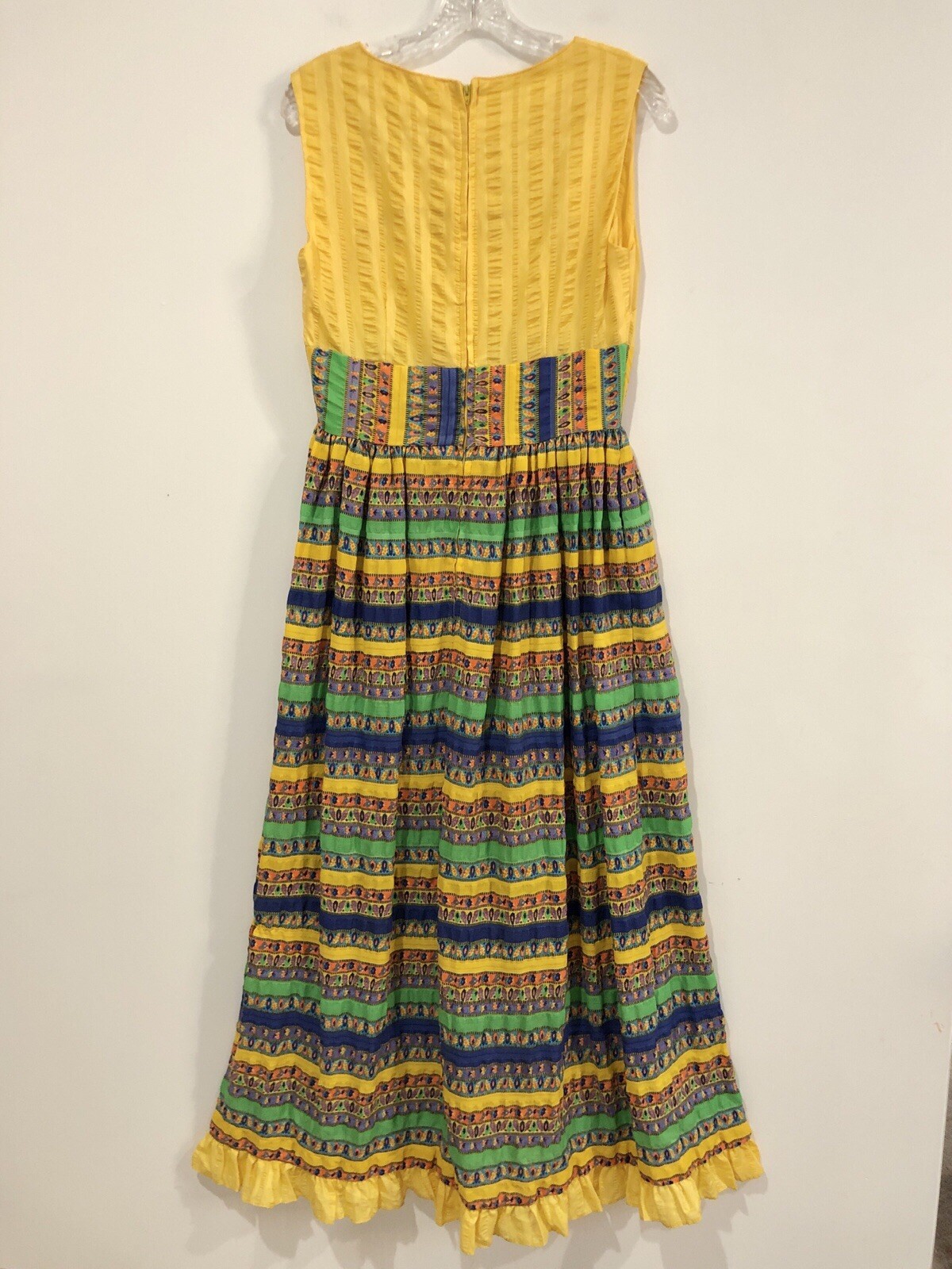 Vintage Lounge Craft Yellow Multi Sleeveless Ruffles 60s 70s Retro Maxi Dress