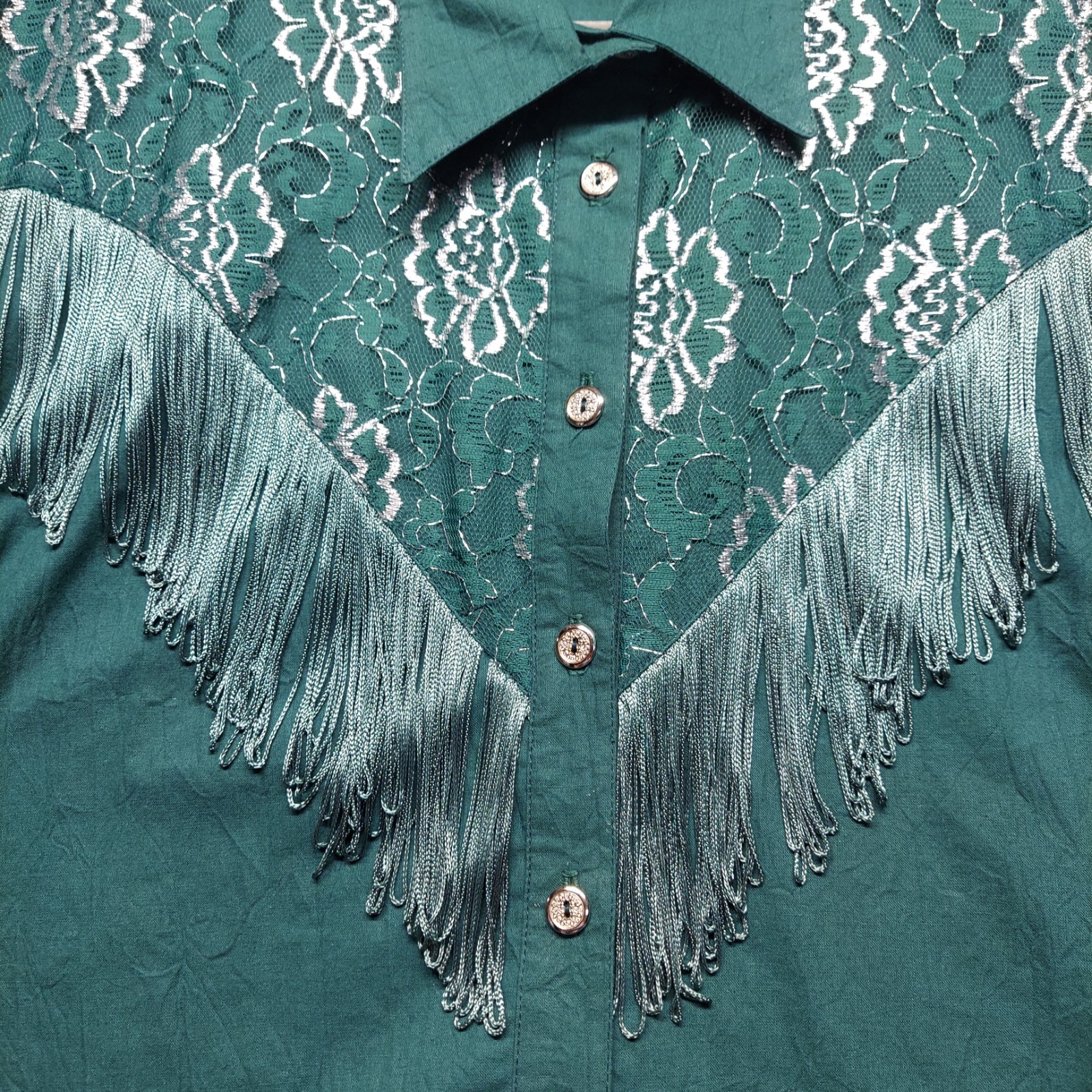 VTG 80’s Lilia Guilty Western Cowgirl Blouse XL Green Metallic Lace Fringe USA