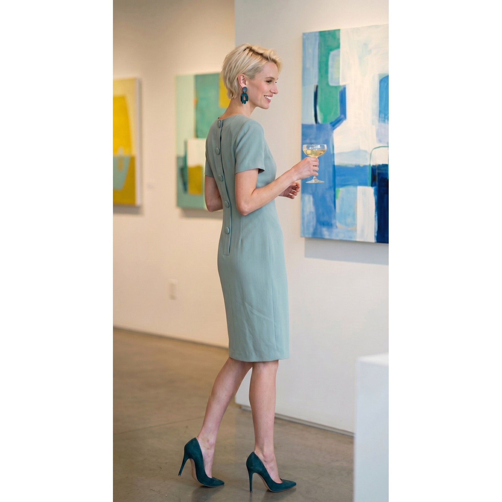 VTG Preview Collection Teal 100% Silk Button Back Sheath Dress 6 Wedding Guest