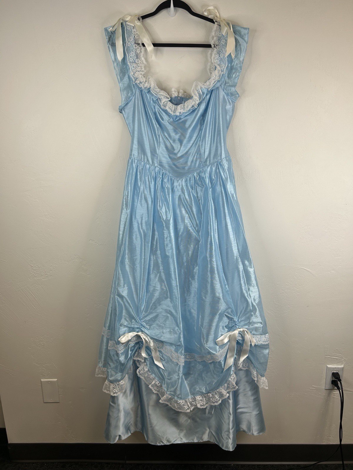 Vintage 70s Formal Blue Satin Gown Lace Trim Bows Princess Theatrical Costume