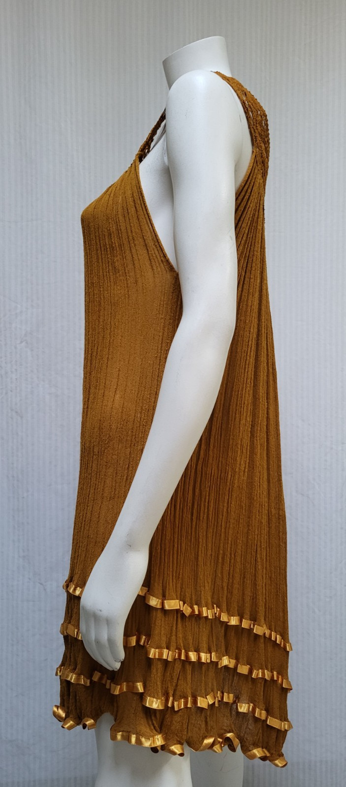 Vintage Gold Cotton Gauze Dress with Crochet & Satin Ribbon Trim – Size M/L -EUC