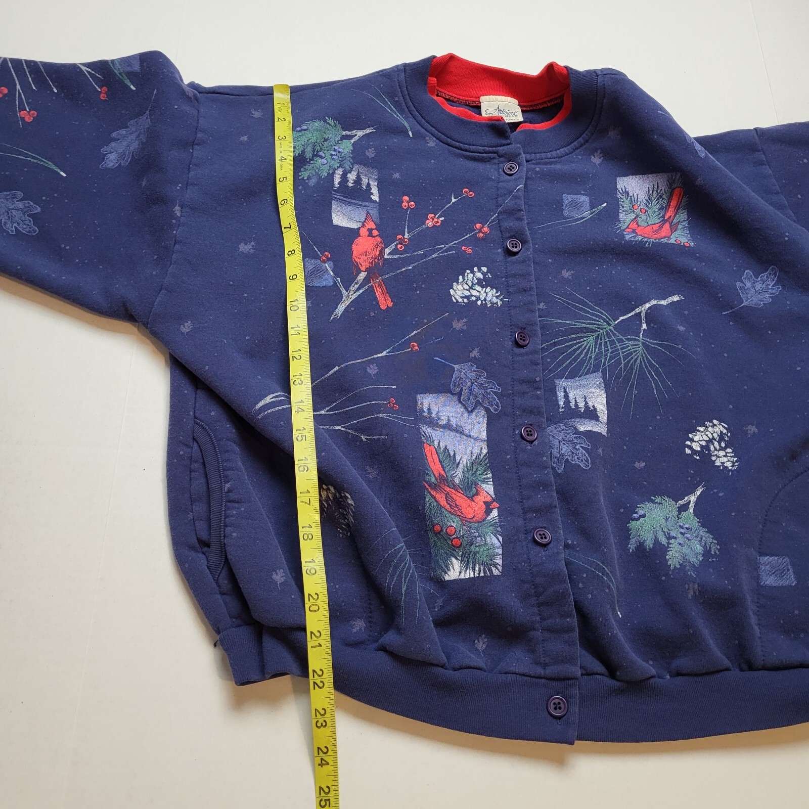 Vtg Artisans Cardinal Sweatshirt Cardigan Womens L Bird Blue Red USA 90s ÷31