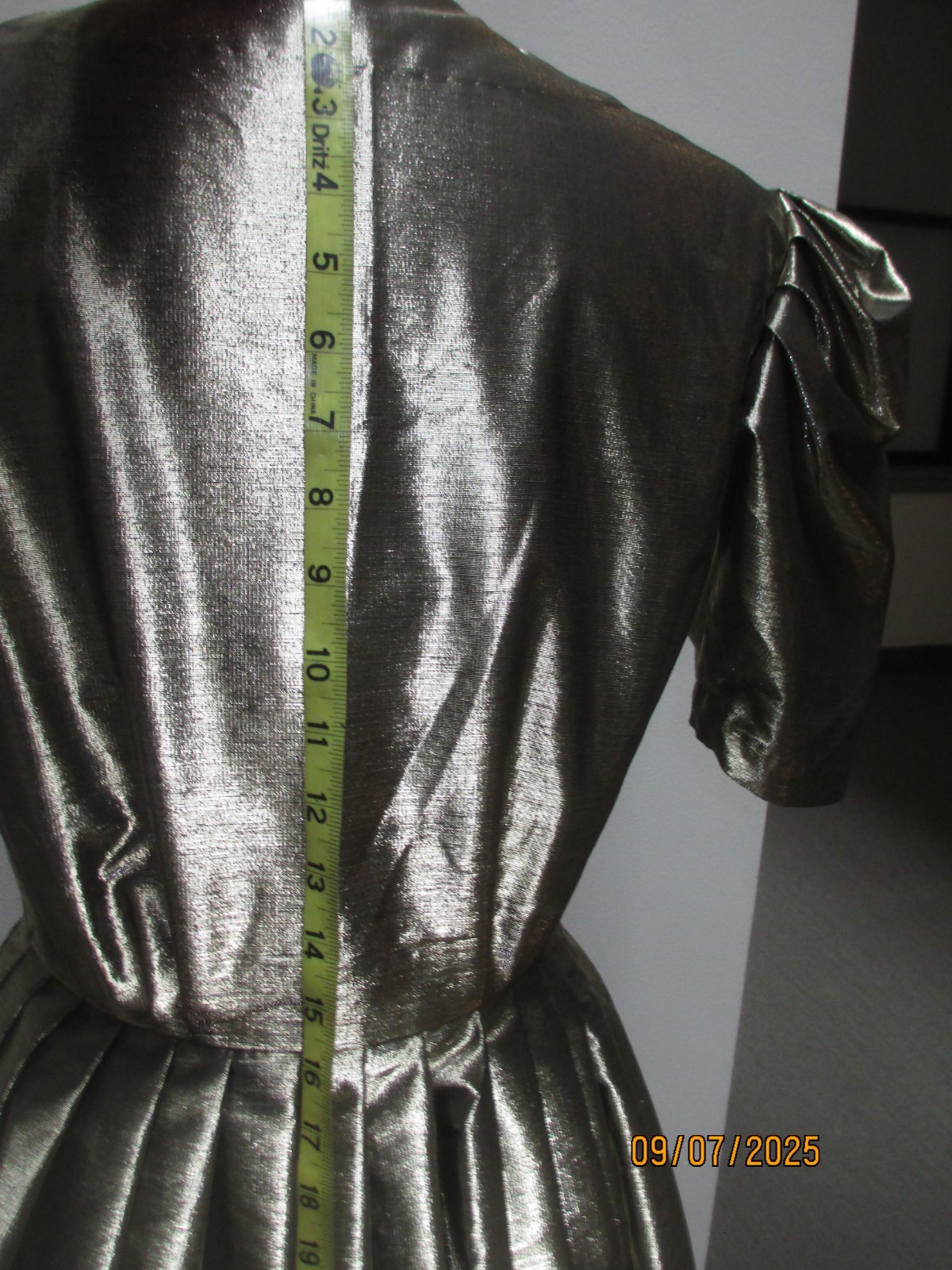 Handmade gold metallic vintage dress 1950s, sz M, surplice neckline w pleating