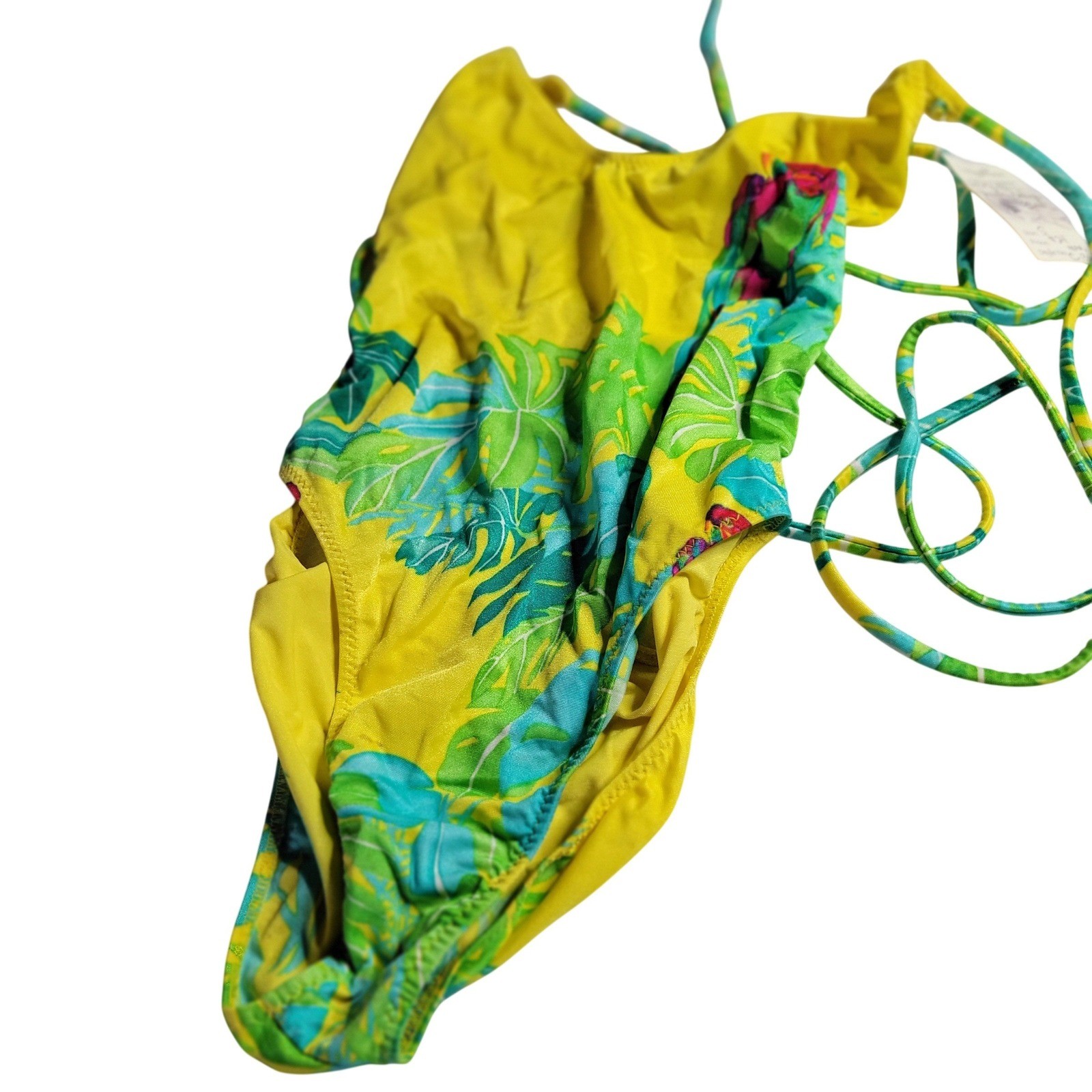 Vintage 80s Yanah Tropical Leaf One Piece Swimsuit High Cut Yellow Green Small