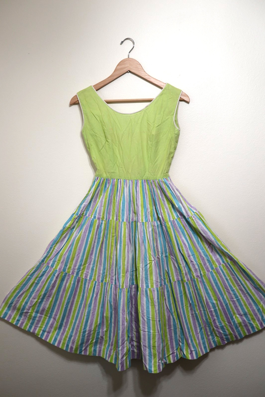 50s Abby Kent Chartreuse Stripe Sleeveless Tiers Full Skirt Day Dress Women XS 0