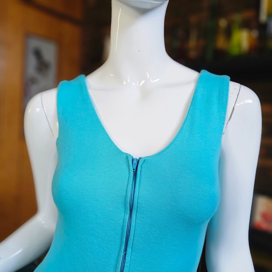 Vtg 60s Mod Aqua Striped Novelty Hot Pants Playsuit Jumpsuit Go Go Romper XS/S