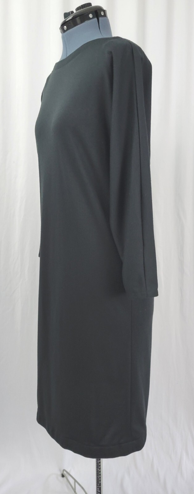 Vtg New Raves Black Knit Back Button Down Shift Dress w Batwing Sleeves Size S?