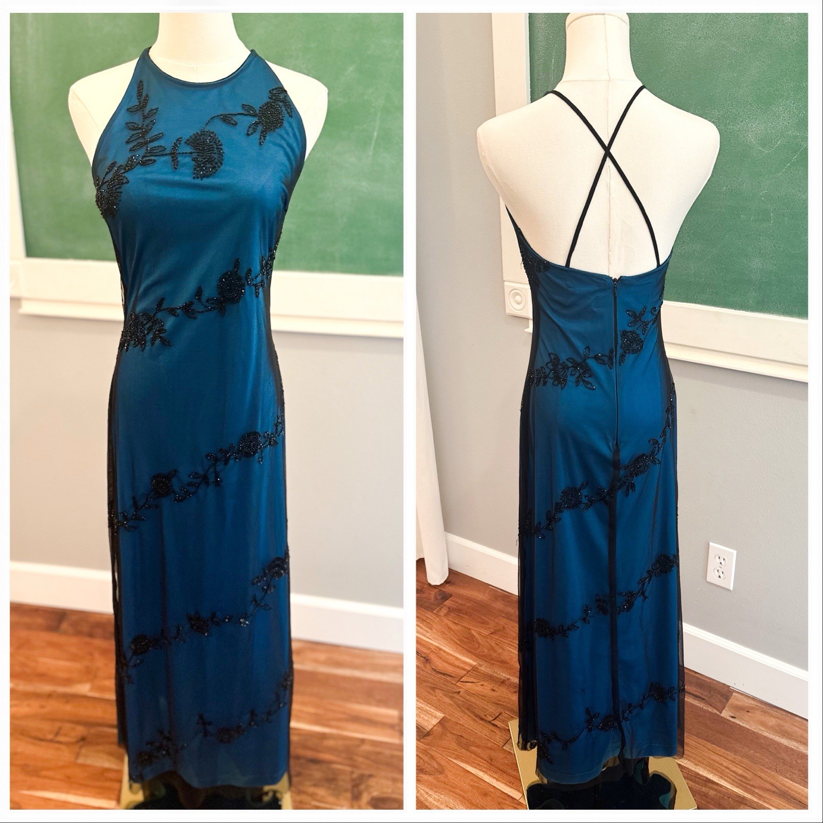 VTG 90s Cache Gown Blue and Black semi formal size 6 EUC