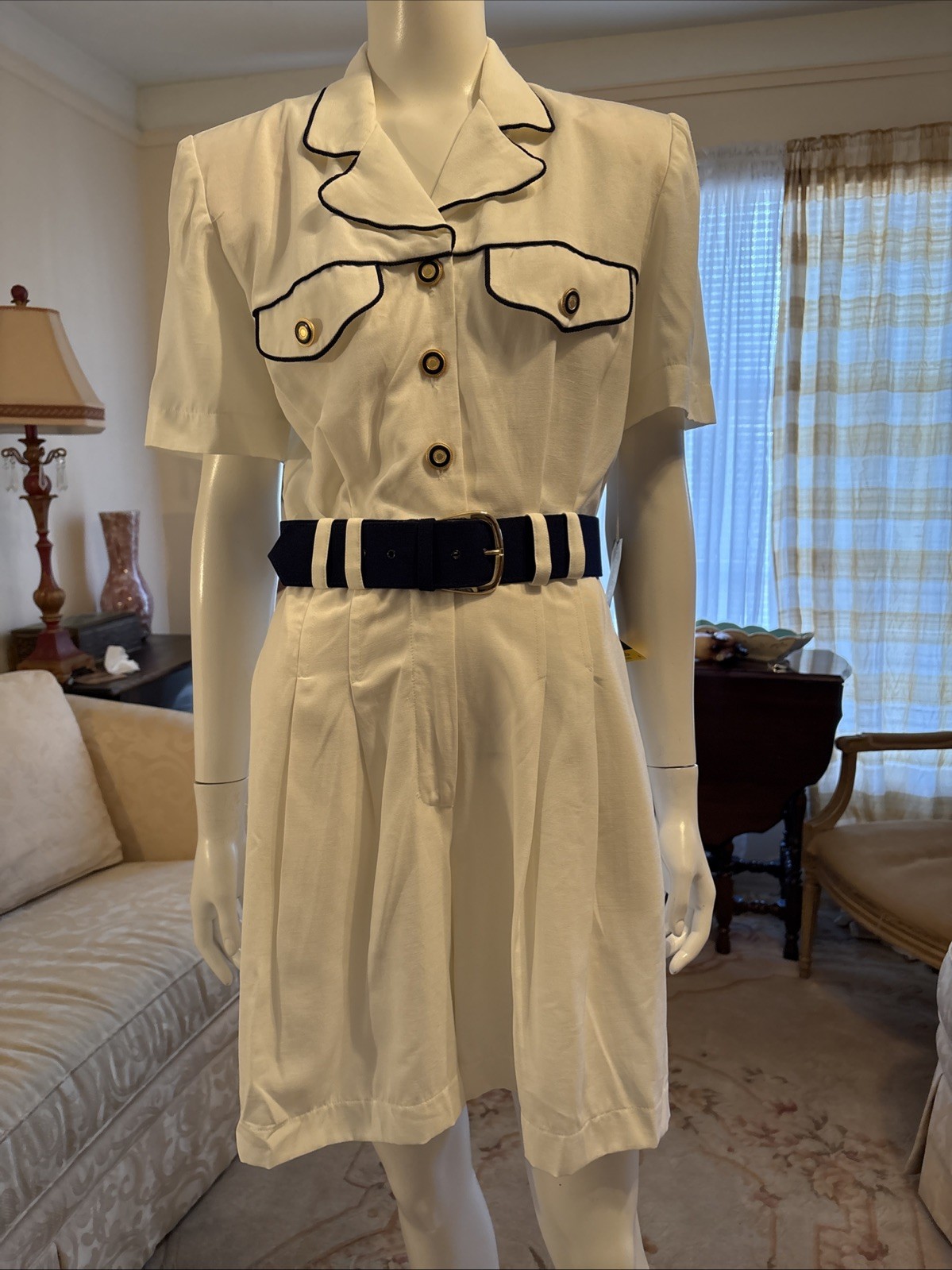 VTG John Roberts White Navy Trim Dressy Shorts Culottes One Piece Jumpsuit Sz 6