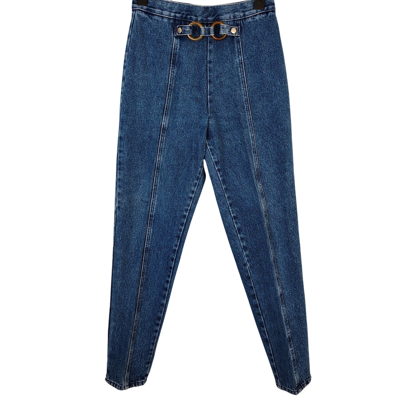 LA Blues Vintage High Waisted Tapered Jeans Blue Denim Ring Buckle Size 8 27×31