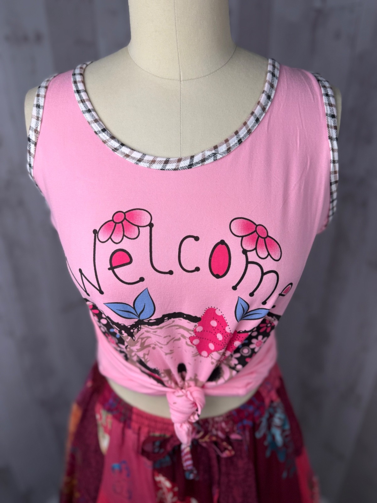 Vintage 1980s Patchwork Skirt Elastic Waist Hot Pink/Magenta +Free Bonus Top M/L