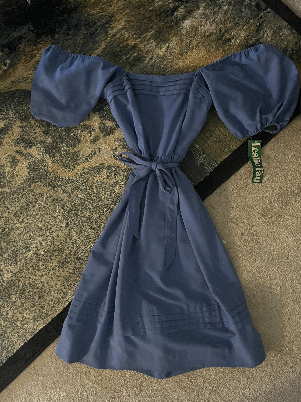 70s Blue Prairie Boho dress Puff Sleeve Balloon Tie Small 10 Disco Fay Cottage