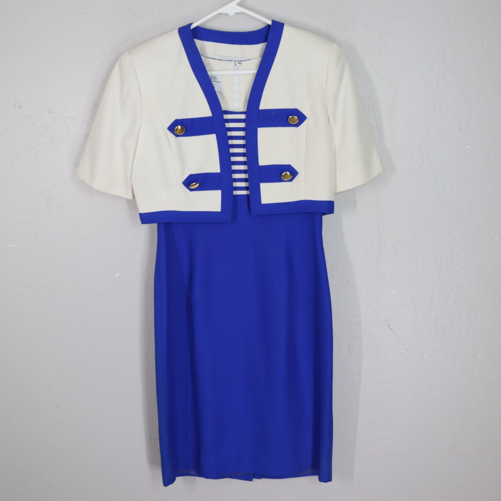 Vtg 80s Constance Saunders Dress 10 Blue White Silk Bolero Jacket Sheath Lined