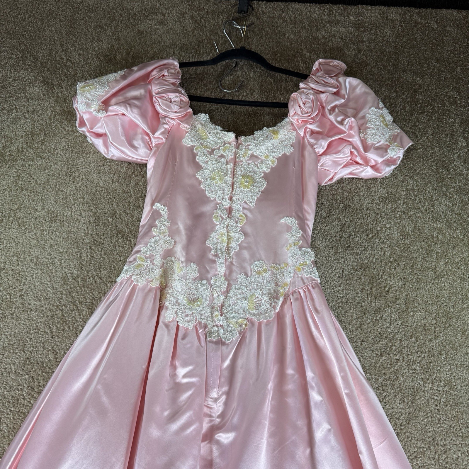 Vintage Pink Satin Gown With Beaded And Lace Details Ruffled Puff Sleeves Small