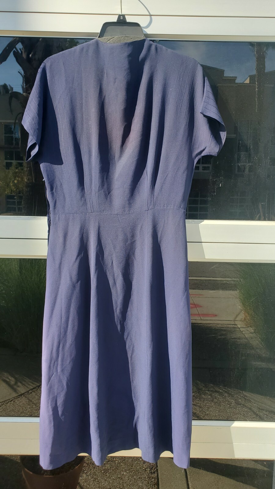 Vintage 40s Rayon Navy Deco Midi Dress Maurene Frocks WW2 Era Pintucks Crepe S M