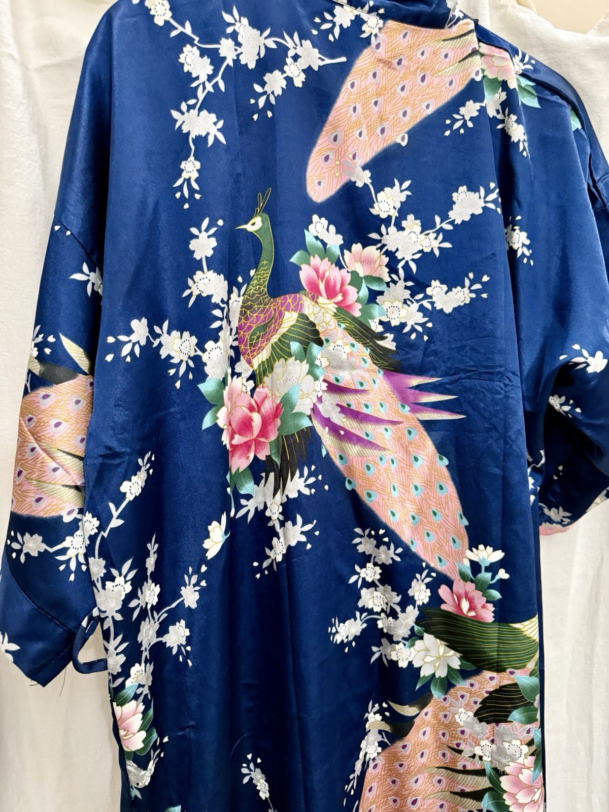 VTG 90s Silk Peacock Kimono Robe Blue Floral Statement Boho Lagenlook Luxe