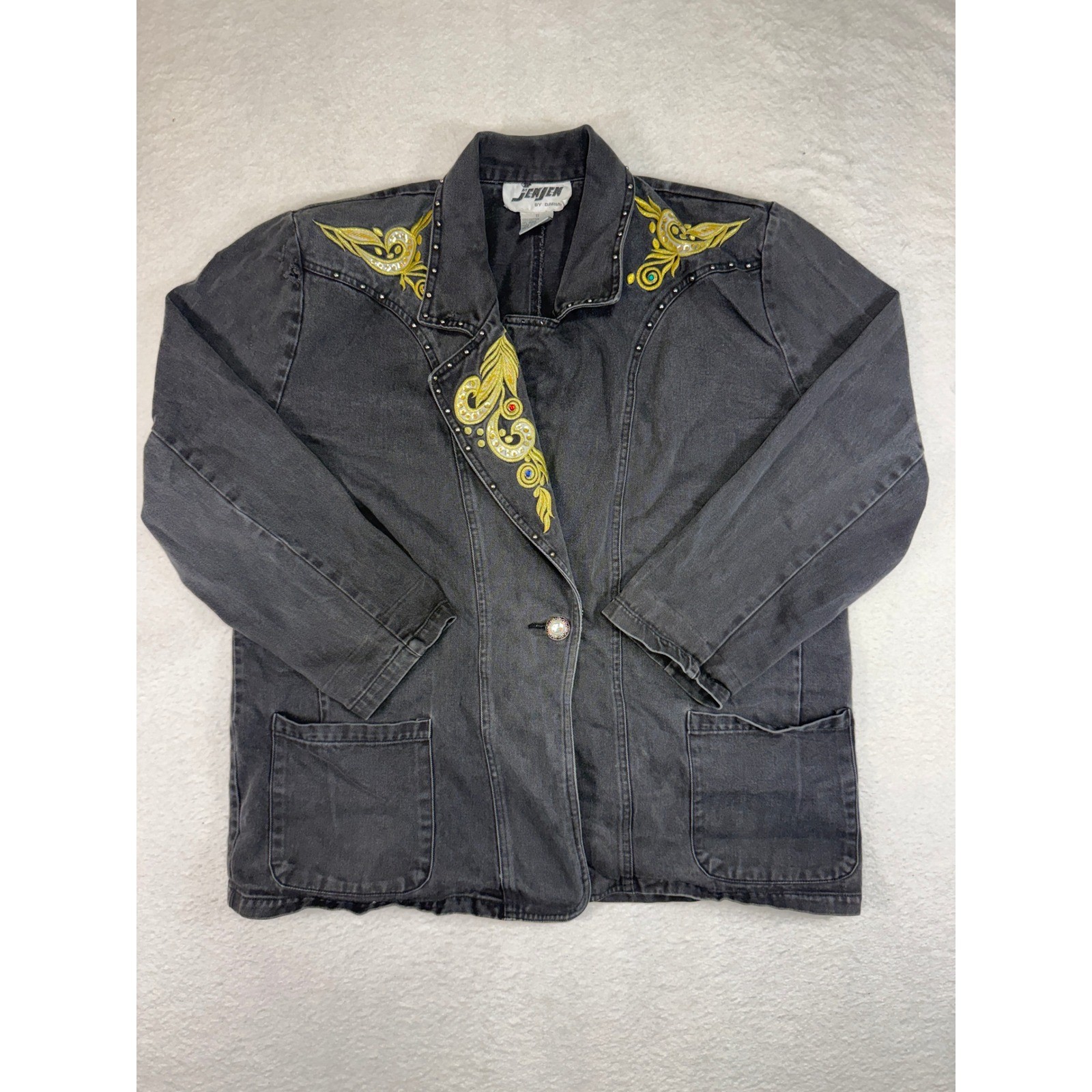 Jenjen by Darian Vintage Western Black Denim Jacket Embroidered Studded 1X