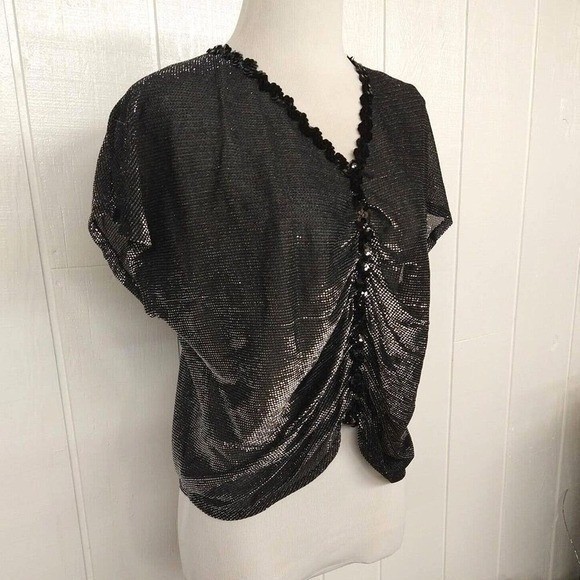 Vintage Disco Glam Sequin Ruched V-Neck Metallic Blouse Black Silver Sz Small