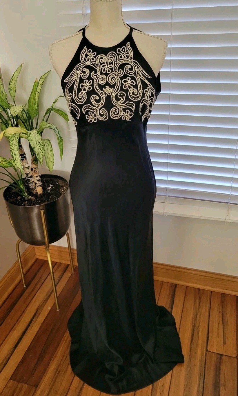 Vtg 90s Black Beaded Long Formal Prom Maxi Dress 9/10 M Satin Empire Babydoll