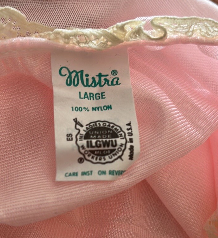 Vtg MISTRA Union Made Light Pink Nylon Nightgown~Lingerie~Boudoir~Sz L MCM