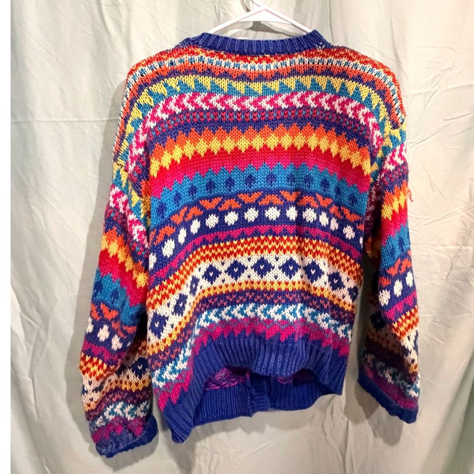 Vintage 80s Marsh Landing Hand Knit Cardigan PL Fair Isle Ramie Cotton Colorful