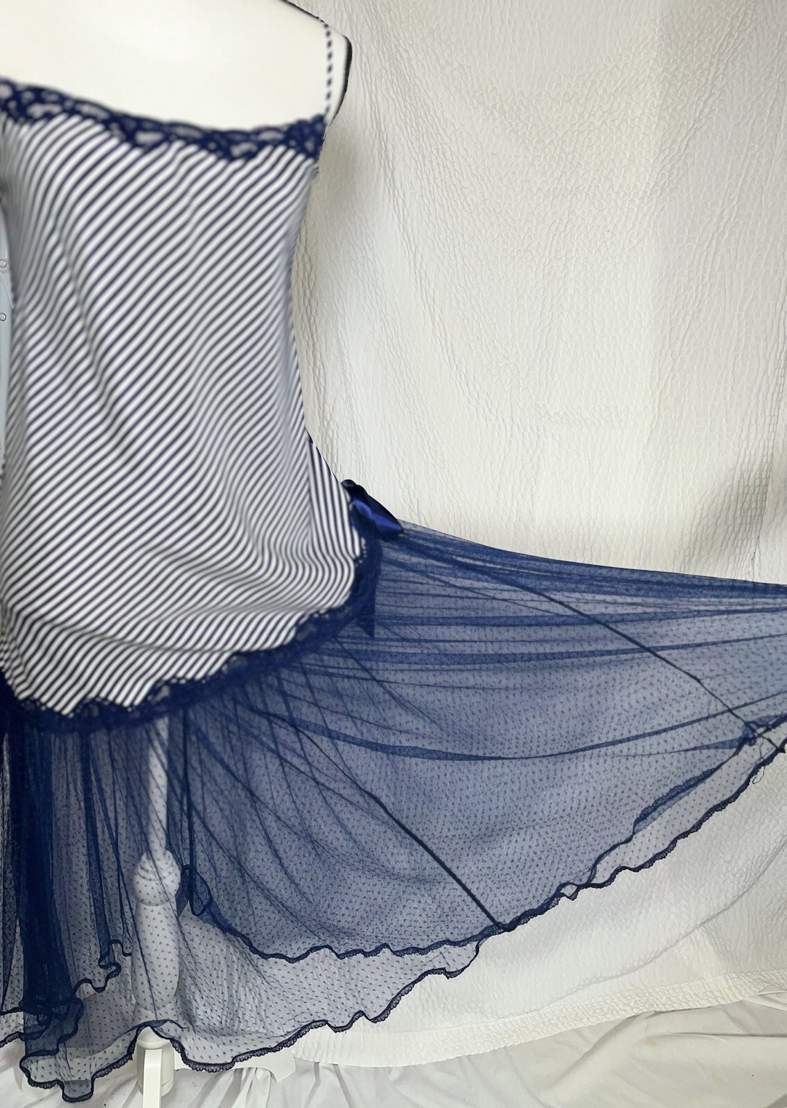 Vtg KEYLOUN Slip Flapper Dress Nightgown Drop Waist Net Mesh Skirt Navy Blue L