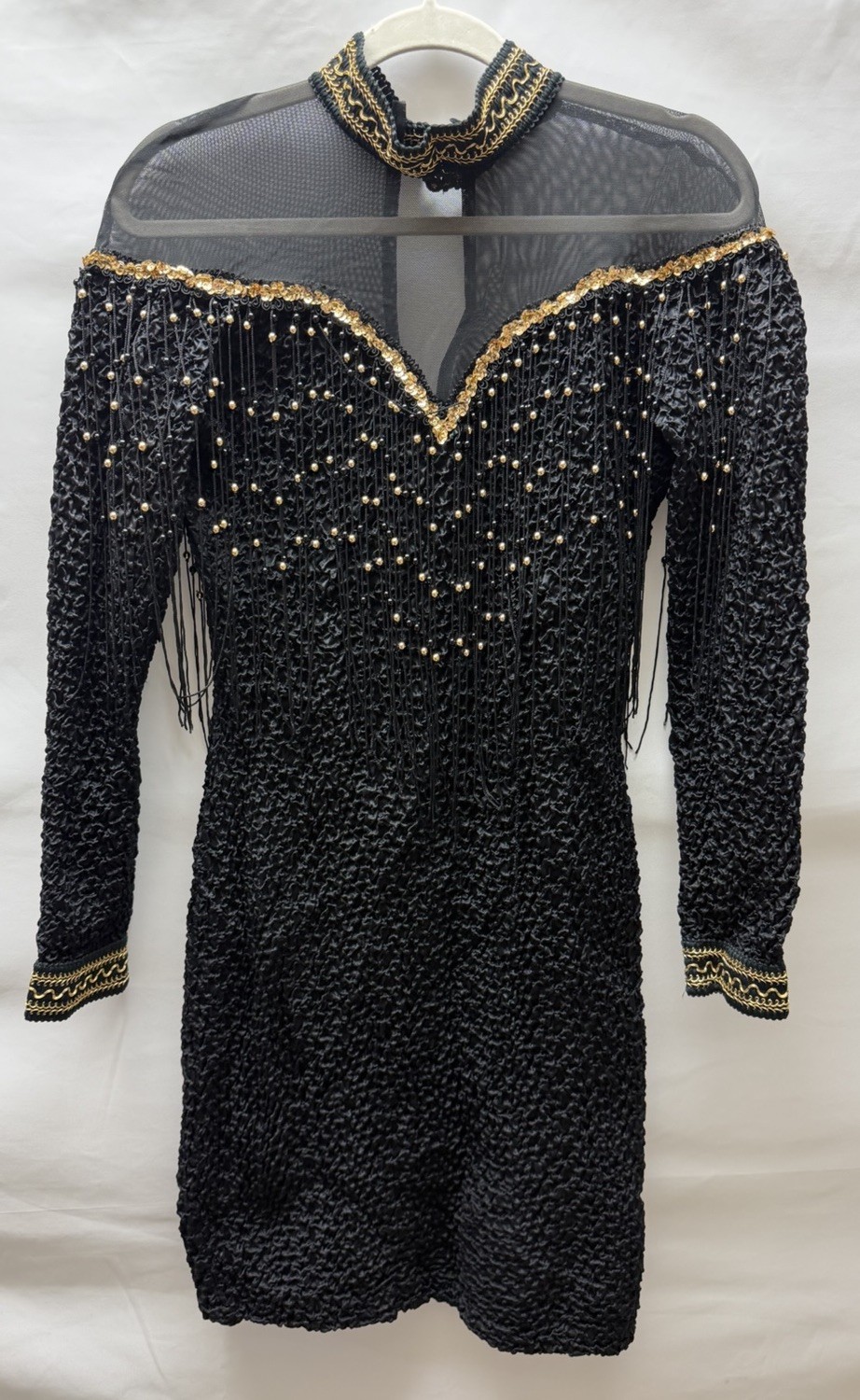 Vintage 4-U Stretch Dress XL Black Gold Beaded Made in New York USA
