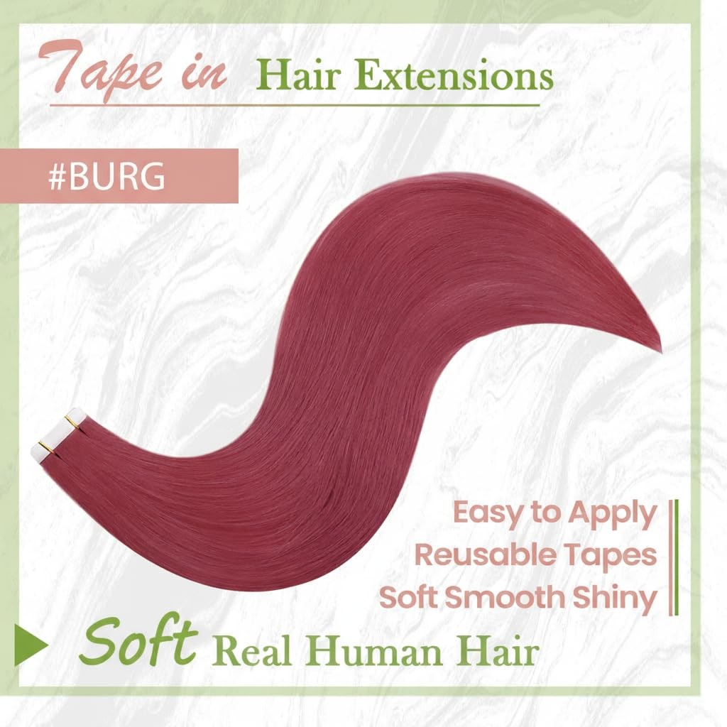 RUNATURE Burgundy Tape in Human Hair Extensions Remy Seamless Skin Weft