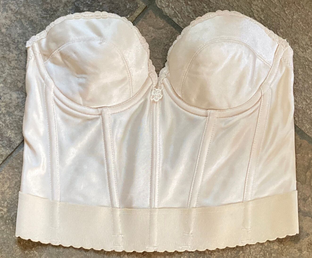 1122 FREDERICKS 36B Ivory SATIN Strapless Long Line Underwire Bra #5203 VINTAGE