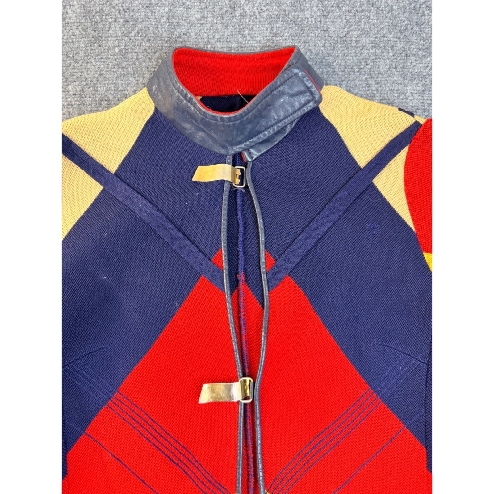 Vintage Geometric Colorblock Knit Cardigan Sweater Jacket Red Blue Yellow Small