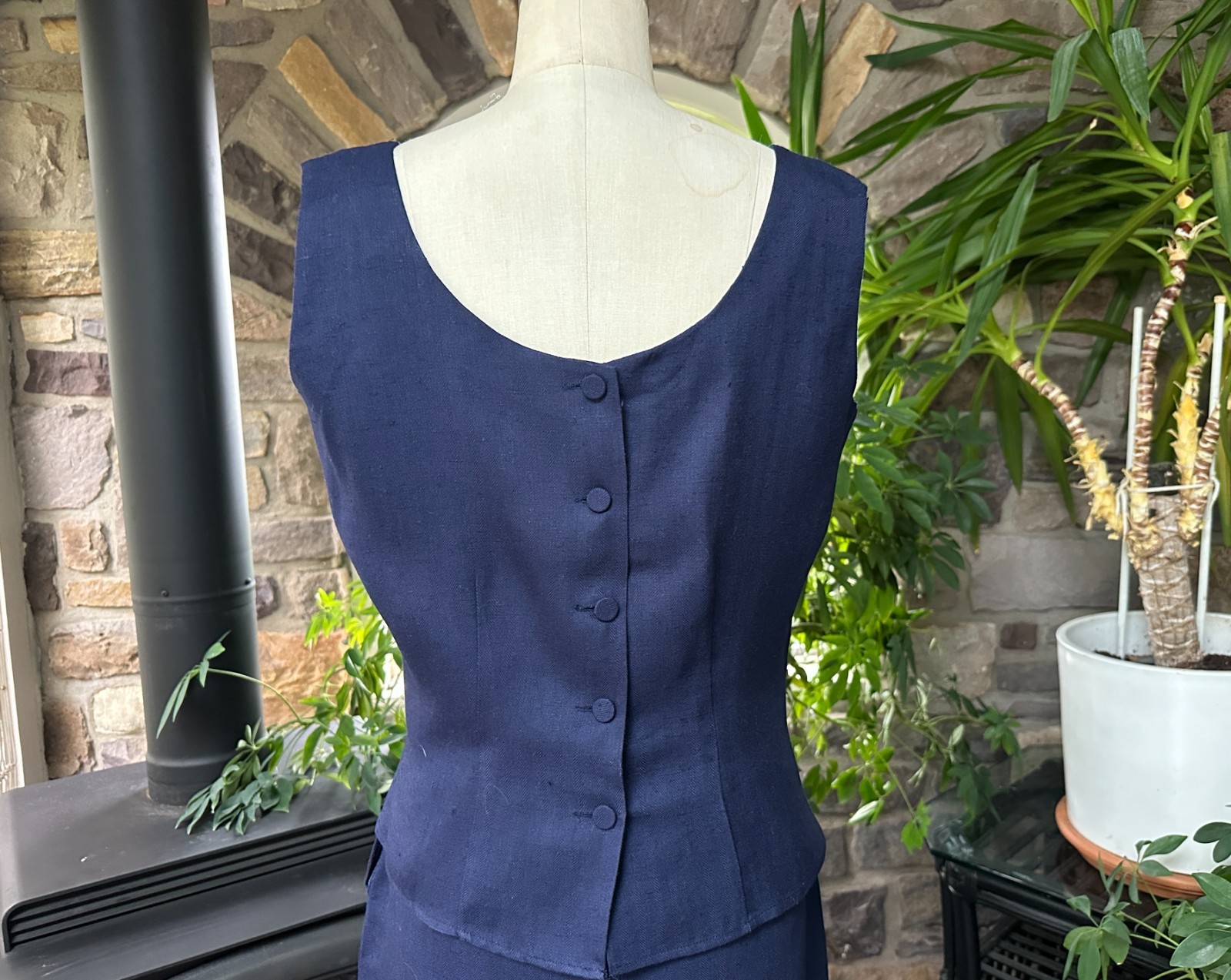 Vintage 1950s Nelly de Grab Navy Blue Textured Linen Look Rayon Skirt Suit Set