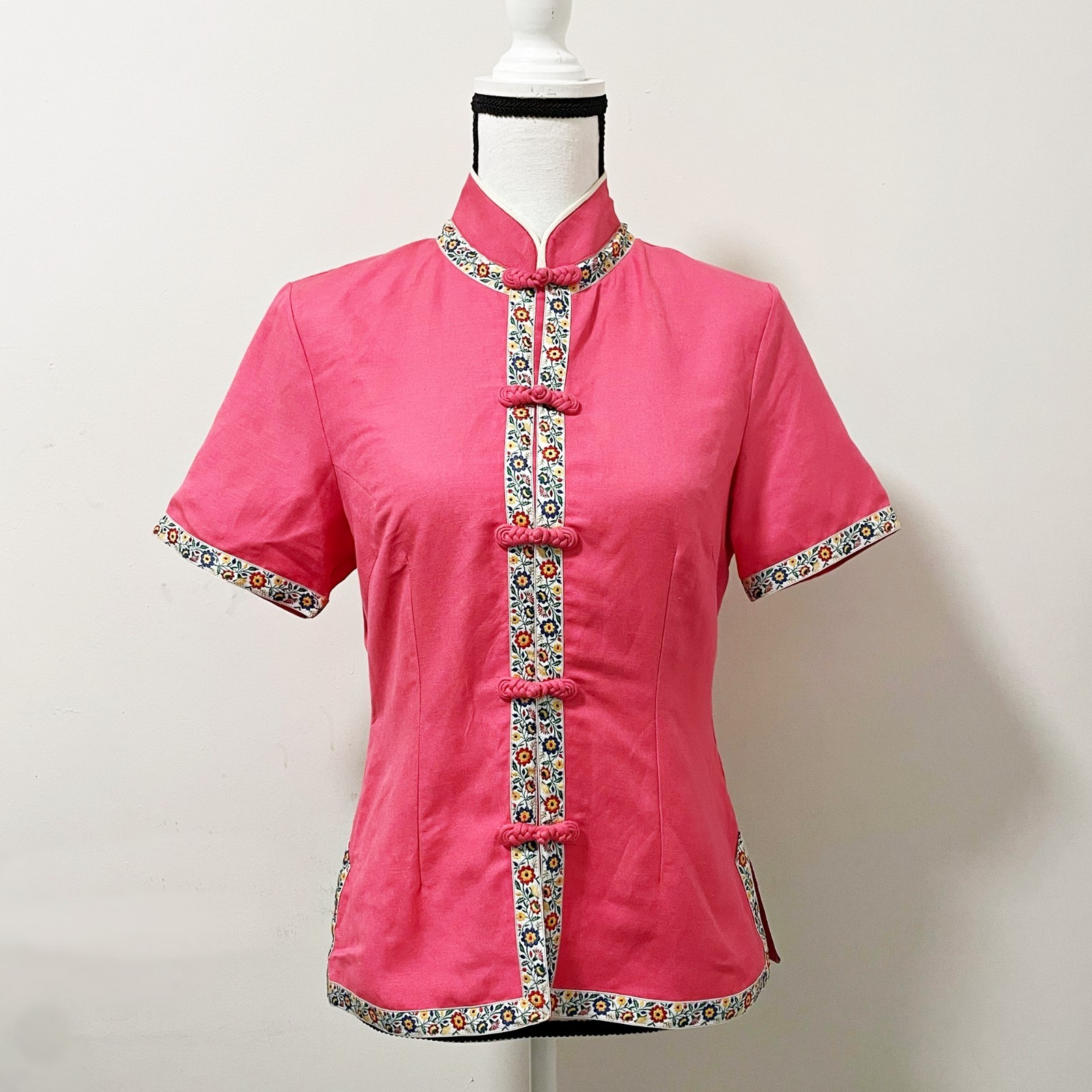Vintage 90s Chinese Blouse Pink Floral Trim Frog Buttons Size Small
